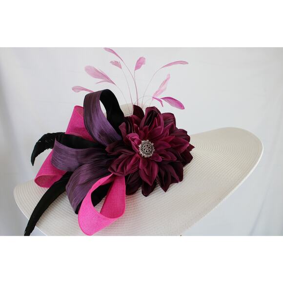 Purple Hot Pink Plum Jeweled Flower Women Kentucky Derby White Hat Wide Brim - Picture 3 of 4